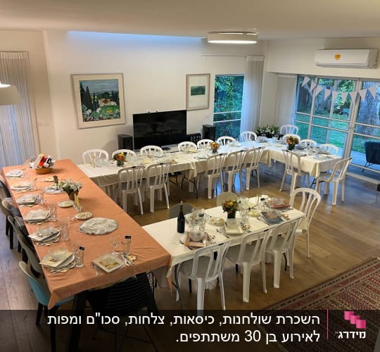 שולחנות ערוכים עם כיסאות פלסטיק לבנים לאירוע